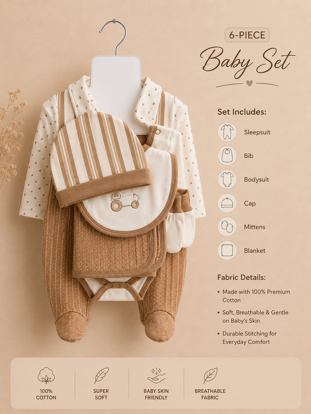 Newborn Baby 6 Pcs Cotton Clothing Set | Soft & Comfortable Baby Essentials Set | Brown & Cream | Unisex
