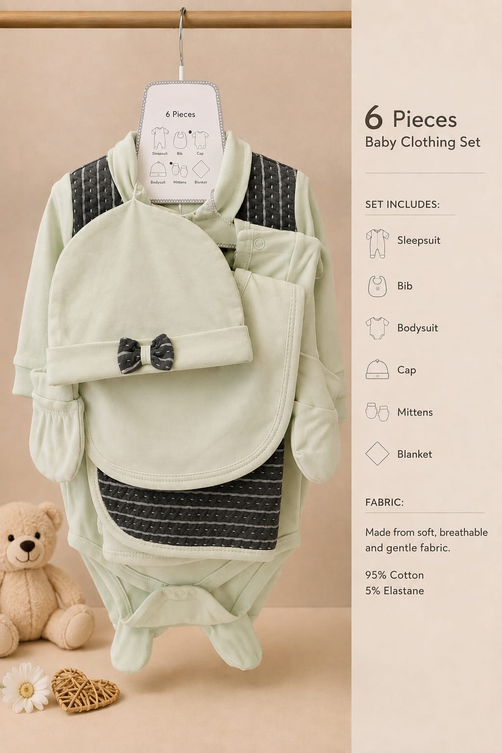 Newborn Baby 6 Pcs Premium Cotton Clothing Set | Soft Baby Essentials Set | Mint Green | Unisex