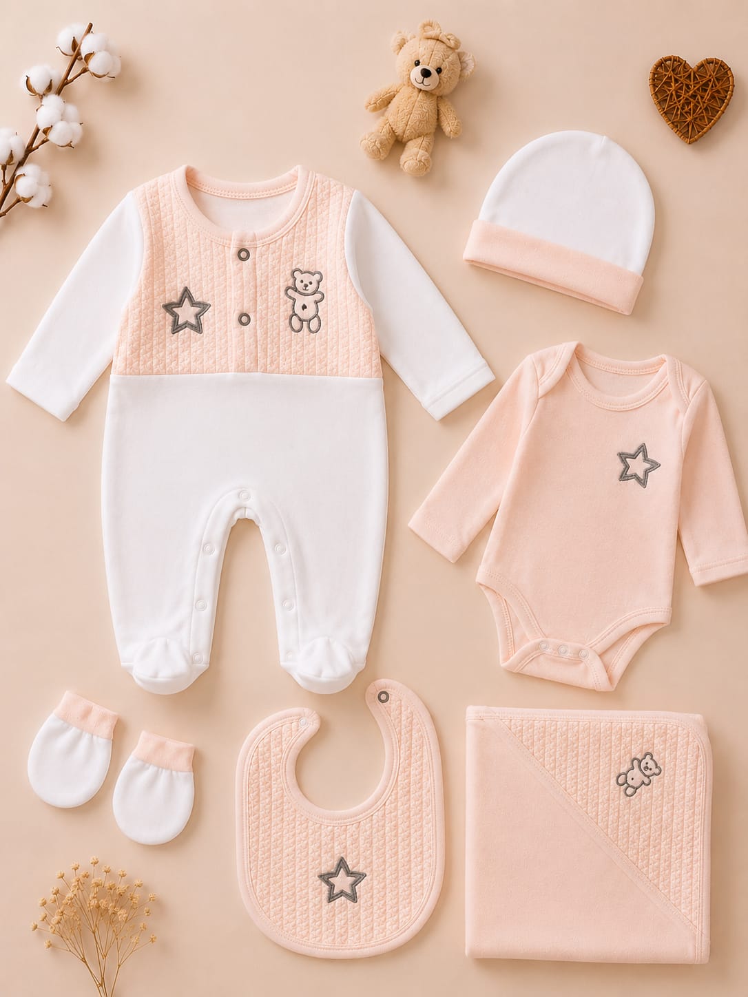 Newborn Baby 6 Pcs Premium Cotton Clothing Set | Soft Baby Essentials Set | Peach & White | Unisex
