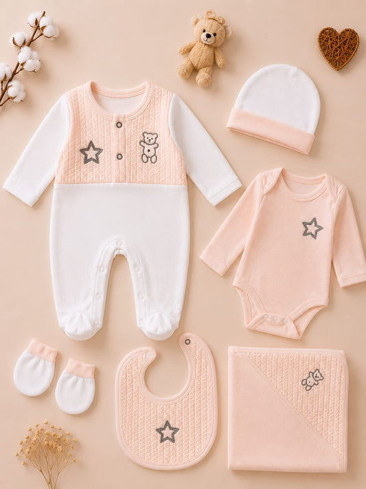 Newborn Baby 6 Pcs Premium Cotton Clothing Set | Soft Baby Essentials Set | Peach & White | Unisex
