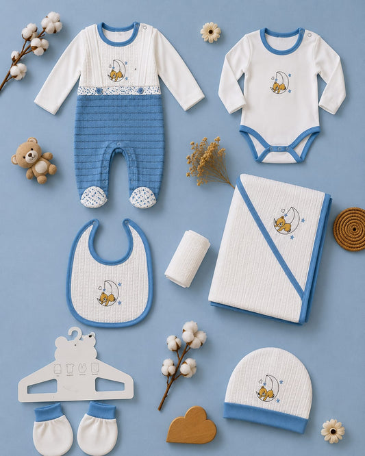 Newborn Baby 6 Pcs Premium Cotton Clothing Set | Soft Baby Essentials Set | Blue & White | Unisex
