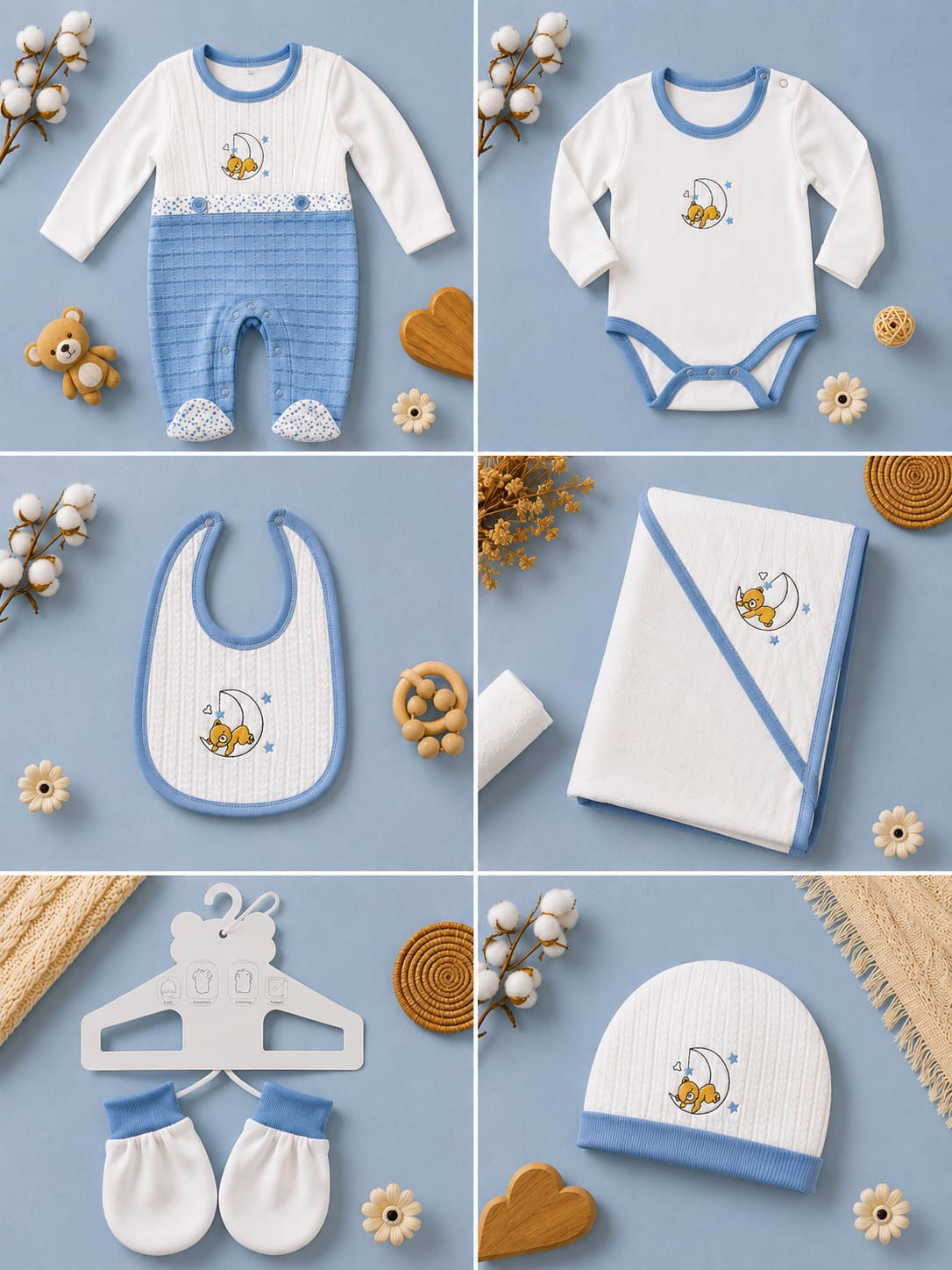 Newborn Baby 6 Pcs Premium Cotton Clothing Set | Soft Baby Essentials Set | Blue & White | Unisex