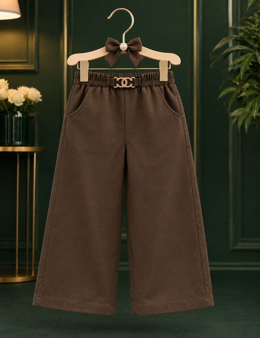 Girls Premium Brown Wide Leg Pants with Designer Buckle | Soft Stretch Casual Trousers (1-6 Years)