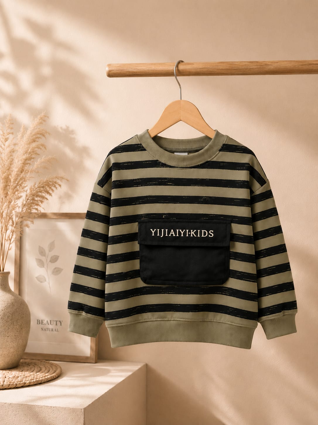 Boys Striped Cotton Fleece Sweatshirt with Utility Pocket | Premium Full Sleeve Casual Sweatshirt | 6–12 Years