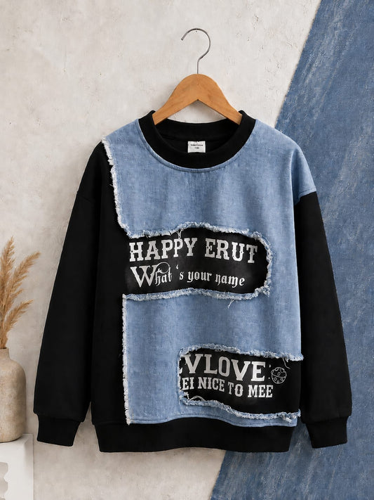 Boys Denim Patchwork Cotton Fleece Sweatshirt | Premium Full Sleeve Casual Sweatshirt | 6–12 Years