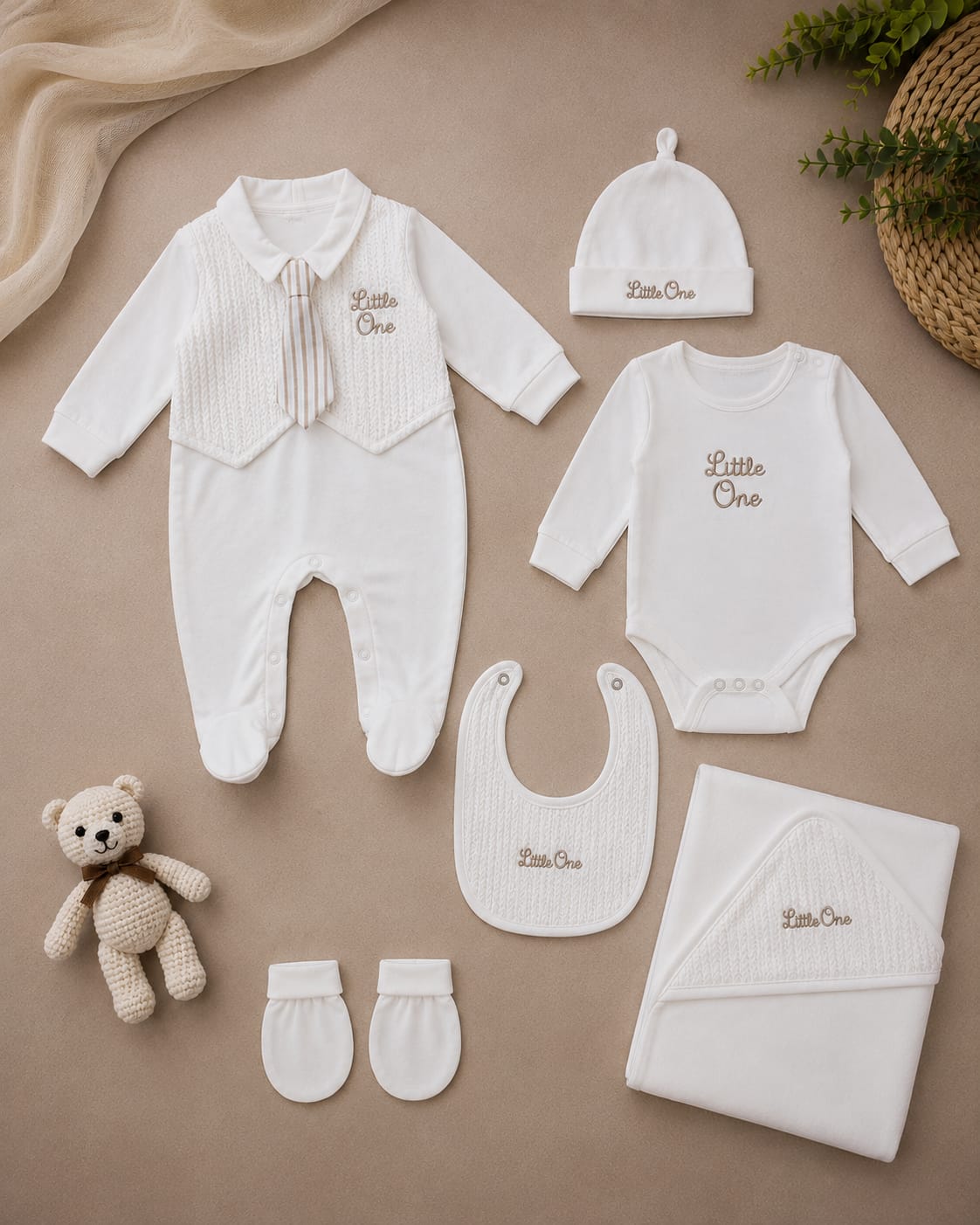 Newborn Premium 6 Pcs Baby Clothing Set | Soft Cotton Romper, Bodysuit, Cap, Bib, Mittens & Blanket | White