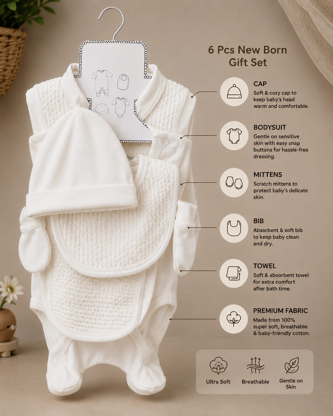 Newborn Premium 6 Pcs Baby Clothing Set | Soft Cotton Romper, Bodysuit, Cap, Bib, Mittens & Blanket | White