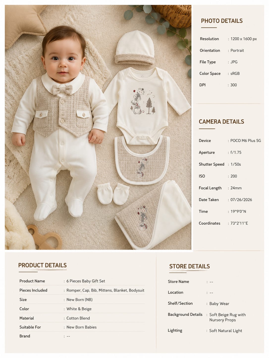 Newborn Premium 6 Pcs Baby Clothing Set | Soft Cotton Romper, Bodysuit, Cap, Bib, Mittens & Blanket | White & Beige