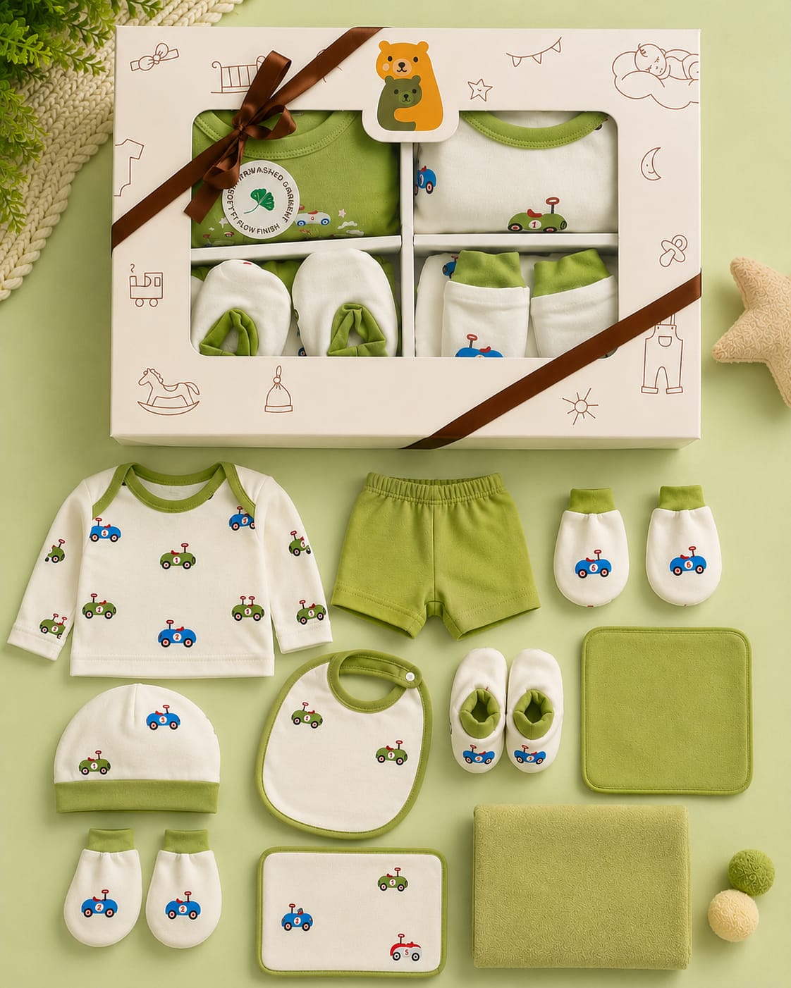 Newborn Premium 11 Pcs Baby Clothing Set | Soft Cotton Complete Baby Essentials Kit | Green