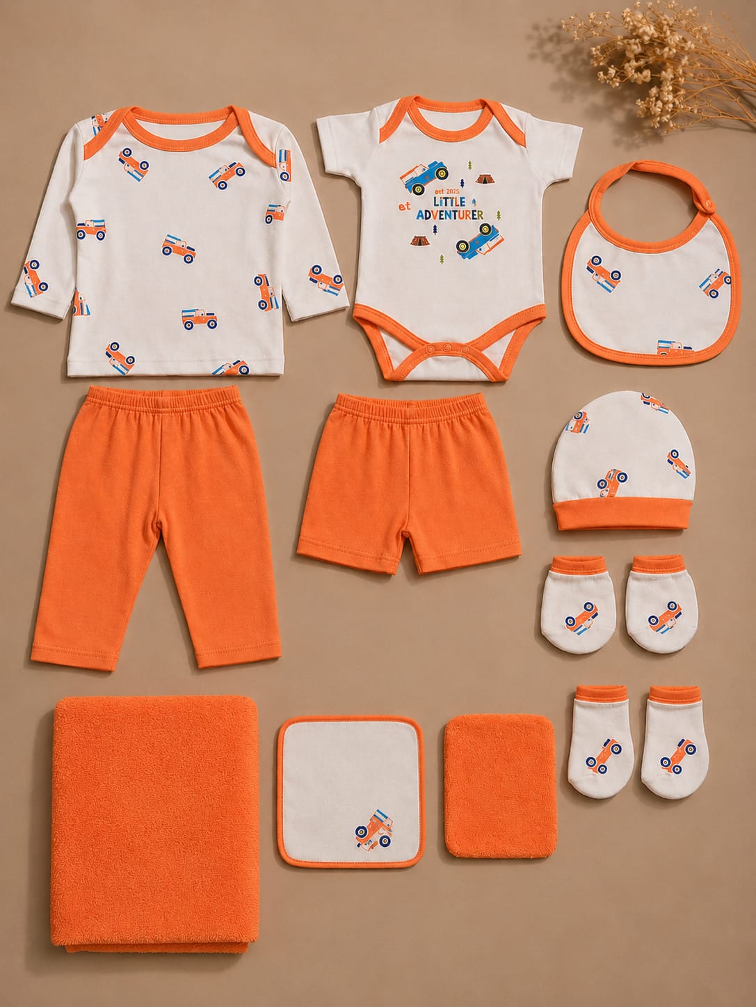 Newborn Premium 11 Pcs Baby Clothing Set | Soft Cotton Complete Baby Essentials Kit | Orange