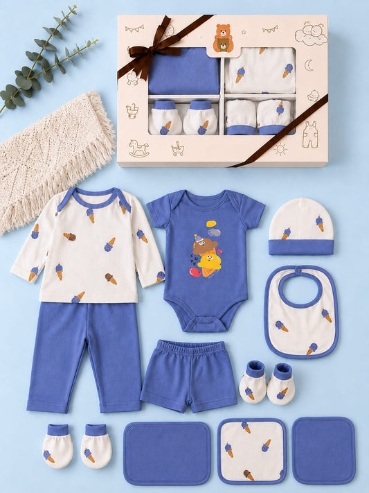 Newborn 11 Pcs Cotton Baby Clothing Gift Set – Blue Ice Cream Print | Soft Baby Essentials | Unisex