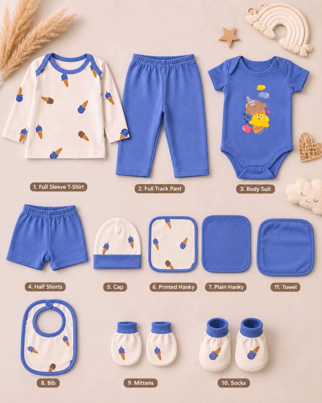 Newborn 11 Pcs Cotton Baby Clothing Gift Set – Blue Ice Cream Print | Soft Baby Essentials | Unisex