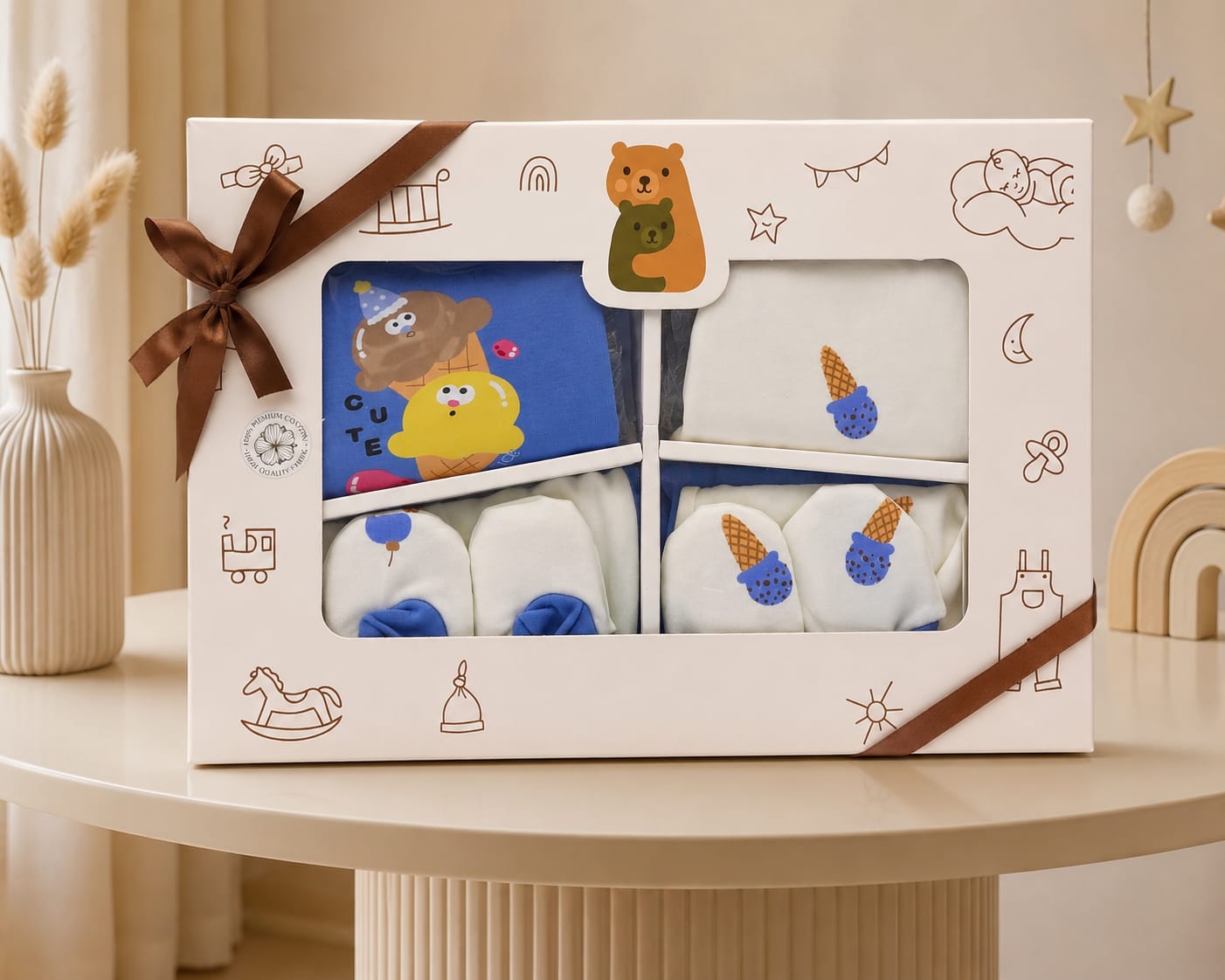 Newborn 11 Pcs Cotton Baby Clothing Gift Set – Blue Ice Cream Print | Soft Baby Essentials | Unisex