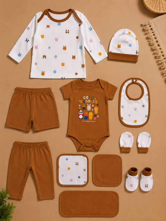 Newborn 11 Pcs Cotton Baby Clothing Set – Brown Animal Print | Soft Baby Essentials | Unisex