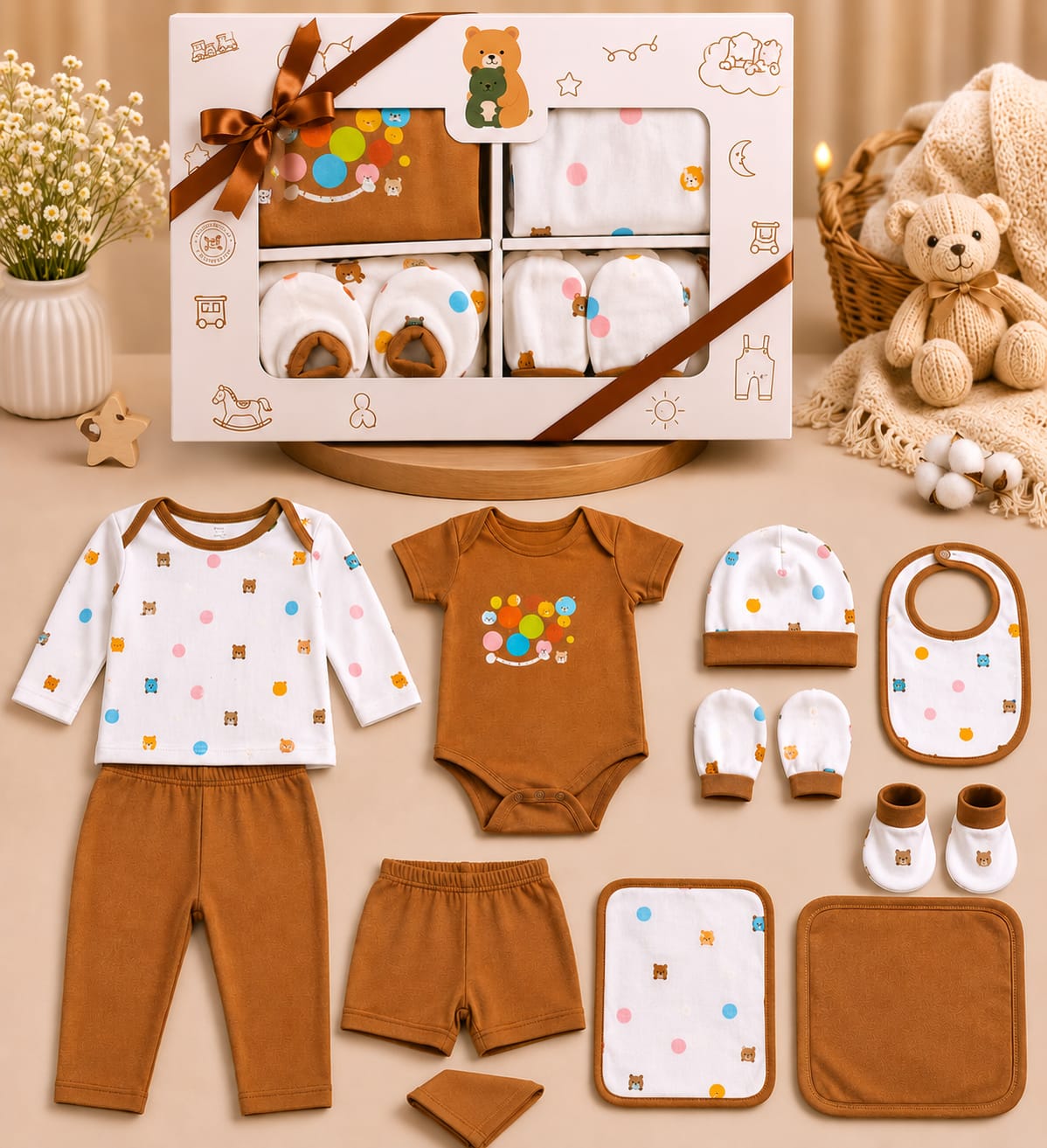 Newborn 11 Pcs Cotton Baby Clothing Set – Brown Animal Print | Soft Baby Essentials | Unisex