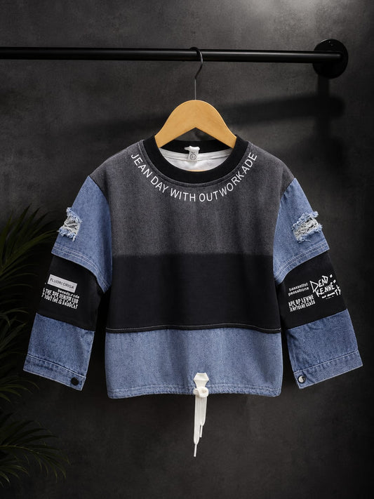 Boys Premium Denim Patchwork All Season Sweatshirt | Casual Full Sleeve Top | Sizes 18–26