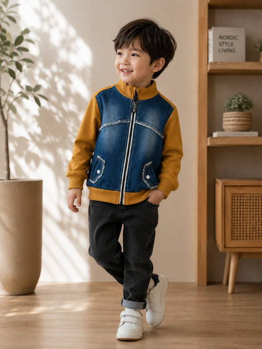 Boys Denim Look Zip-Up Bomber Jacket | Premium Full Sleeve Casual Jacket | All Season | Sizes 18–26