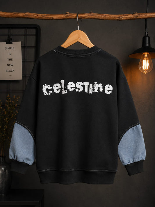 Kids Denim Patch Sweatshirt | Black & Sky Blue All Weather Sweatshirt | 7–9 Years