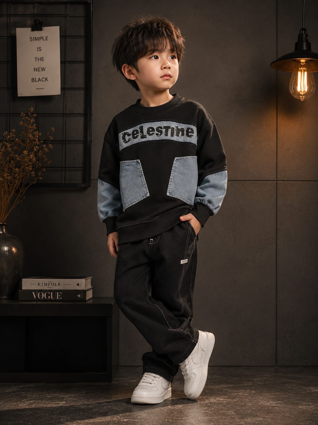 Kids Denim Patch Sweatshirt | Black & Sky Blue All Weather Sweatshirt | 7–9 Years