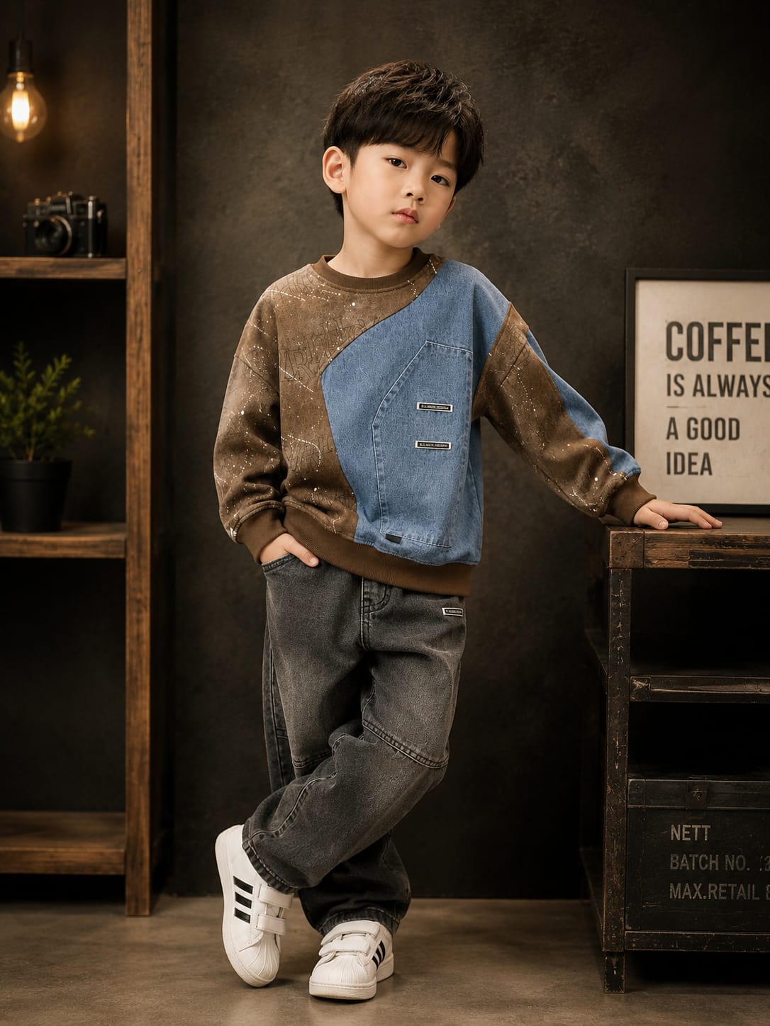 Boys Denim Patchwork Cotton Fleece Sweatshirt | Premium Full Sleeve Casual Sweatshirt | 6–12 Years