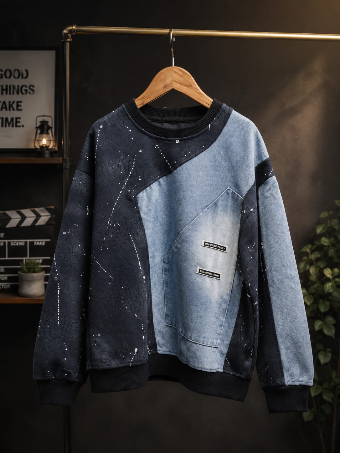 Boys Denim Patchwork Fleece Sweatshirt | Premium Full Sleeve Casual Sweatshirt | 6–12 Years