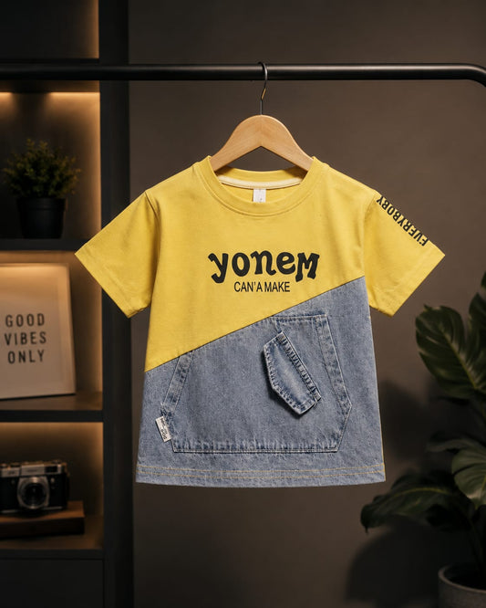 Boys Premium Denim Patch Half Sleeve Cotton T-Shirt | Casual Summer Wear | 1-7 Years