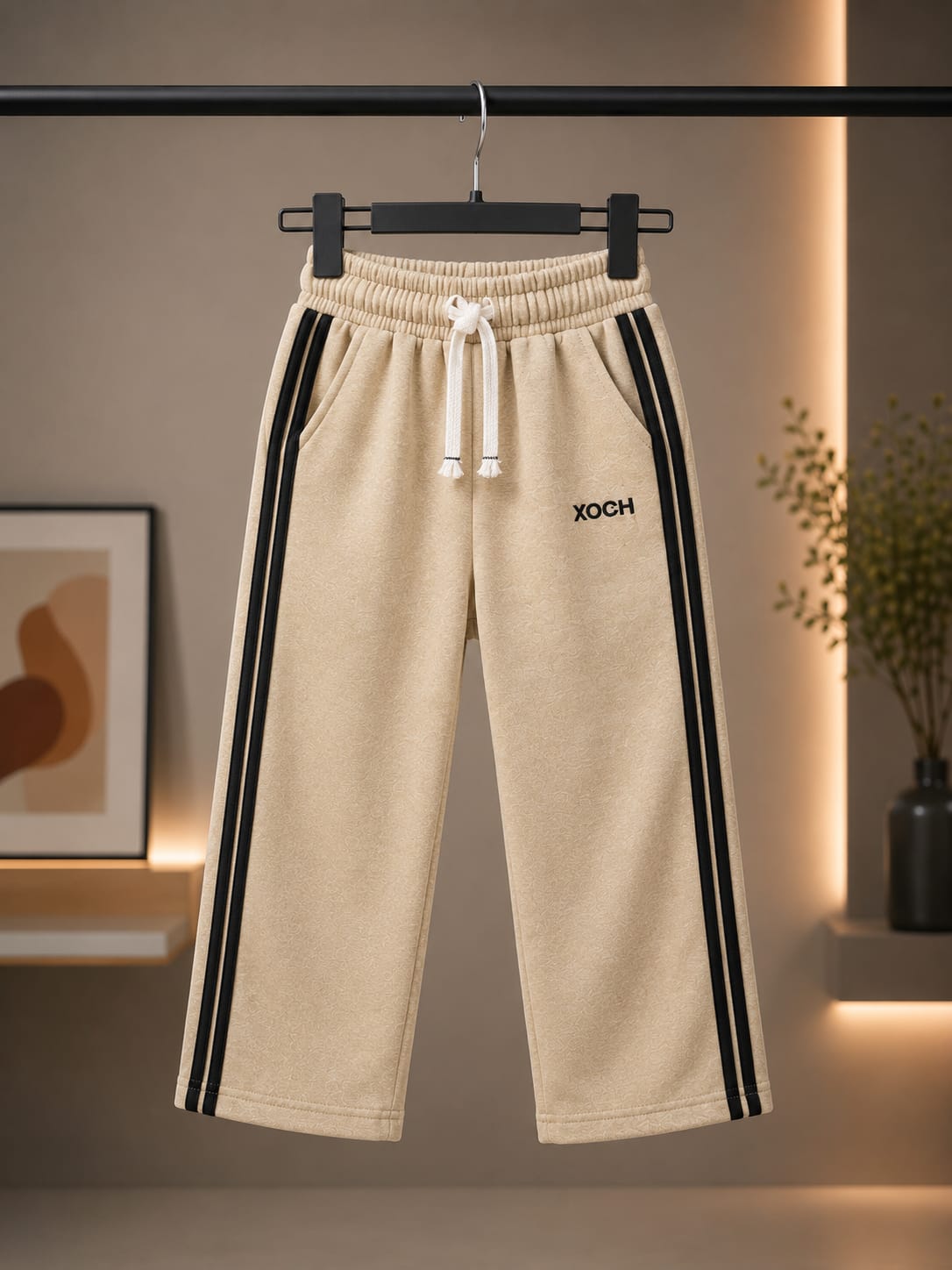 Kids Beige All Season Side Stripe Track Pant | Soft & Comfortable Casual Bottom Wear (Size 18–26)