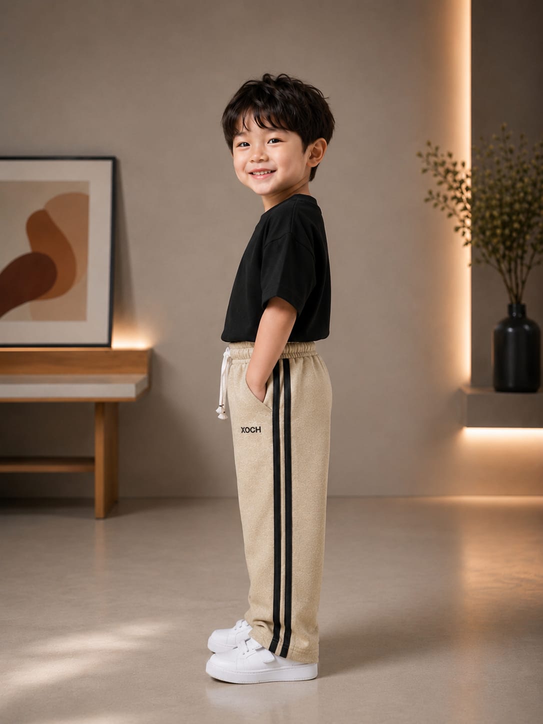 Kids Beige All Season Side Stripe Track Pant | Soft & Comfortable Casual Bottom Wear (Size 18–26)