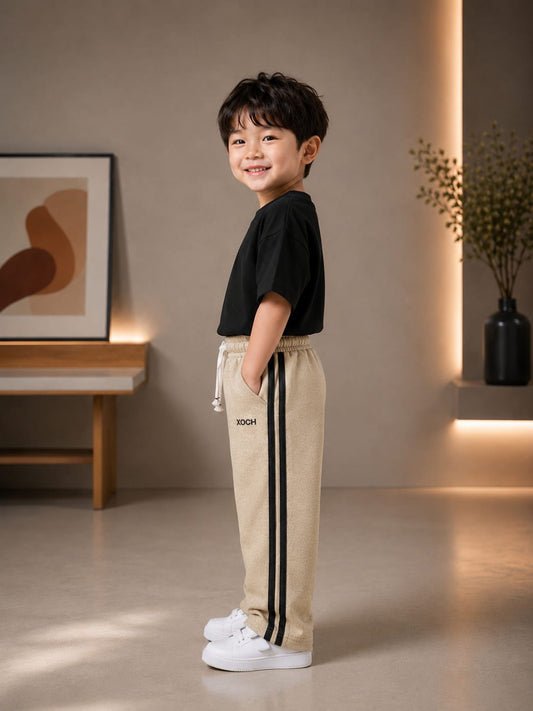 Kids Beige All Season Side Stripe Track Pant | Soft & Comfortable Casual Bottom Wear (Size 18–26)