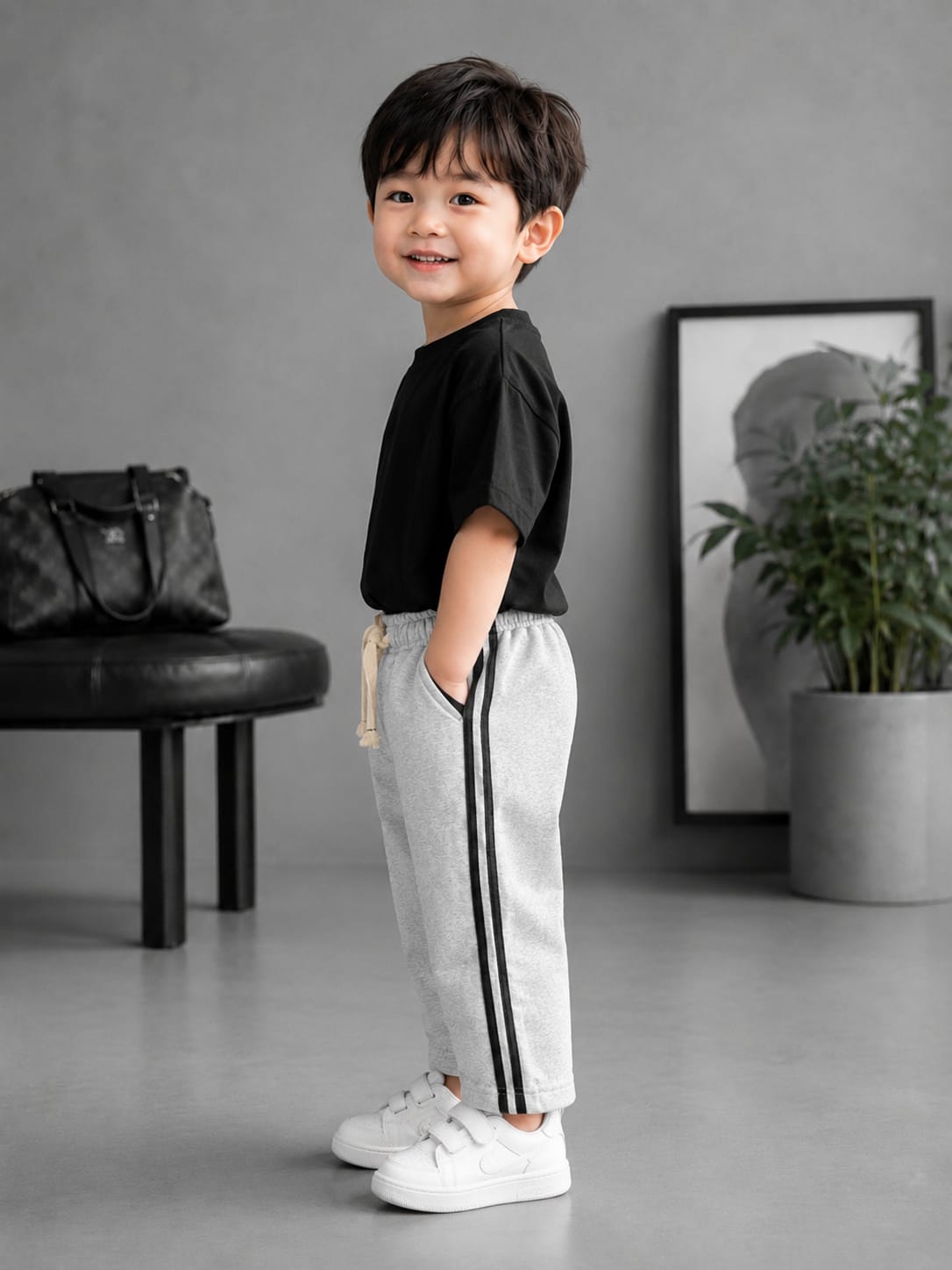 Kids Light Grey All Season Side Stripe Track Pant | Soft & Comfortable Casual Bottom Wear (Size 18–26)