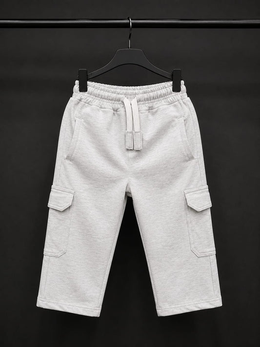 Kids Light Grey Cargo Track Pant | All Season Soft Cotton Casual Bottom Wear with Cargo Pockets (Size 18–26)