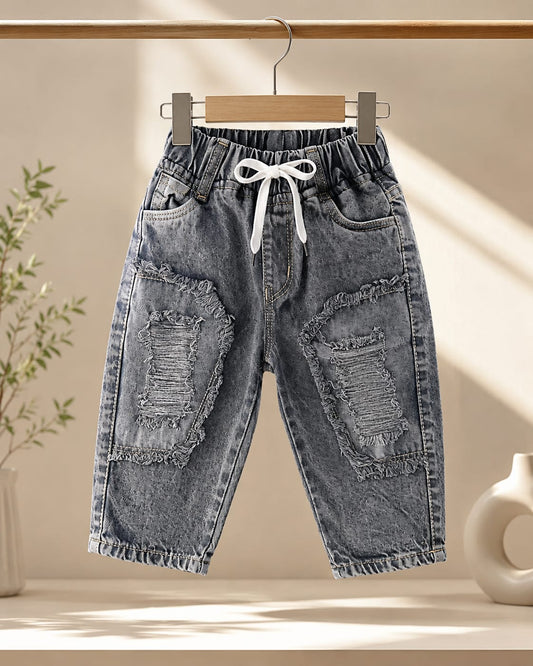Wanster Baby Boys Grey Washed Ripped Denim Jeans | Premium Soft Elastic Waist | 6 Months to 3 Years
