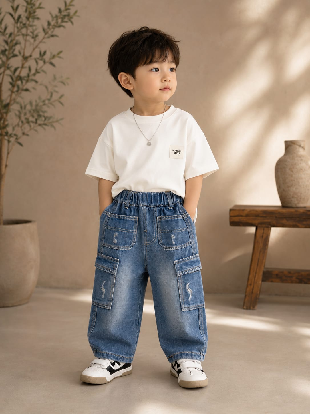 Kids Premium Cargo Baggy Denim Jeans | Multi Pocket | Elastic Waist | Size 18-26