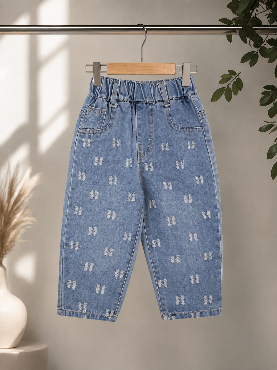 Kids Premium Self Design Denim Jeans | Elastic Waist | Light Blue | Size 18-26