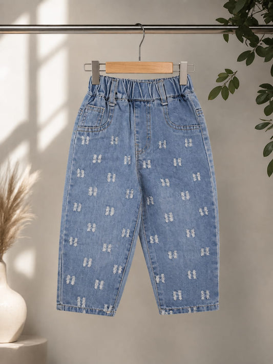 Kids Premium Self Design Denim Jeans | Elastic Waist | Light Blue | Size 18-26