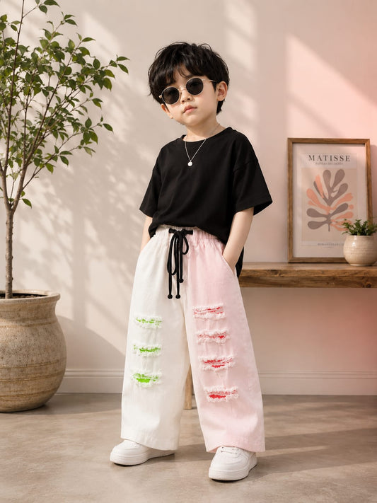 Wanster Kids Premium Color Block Distressed Denim White Jeans | Elastic Waist | Size 18-26