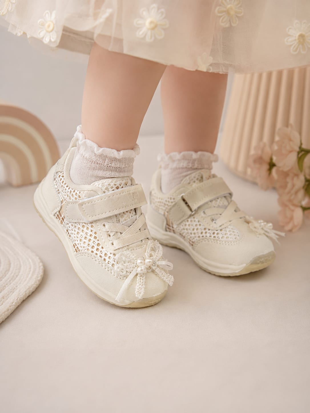 Baby Girls Pearl Bow Casual Shoes | Soft Mesh Velcro Sneakers (EU 17–21)