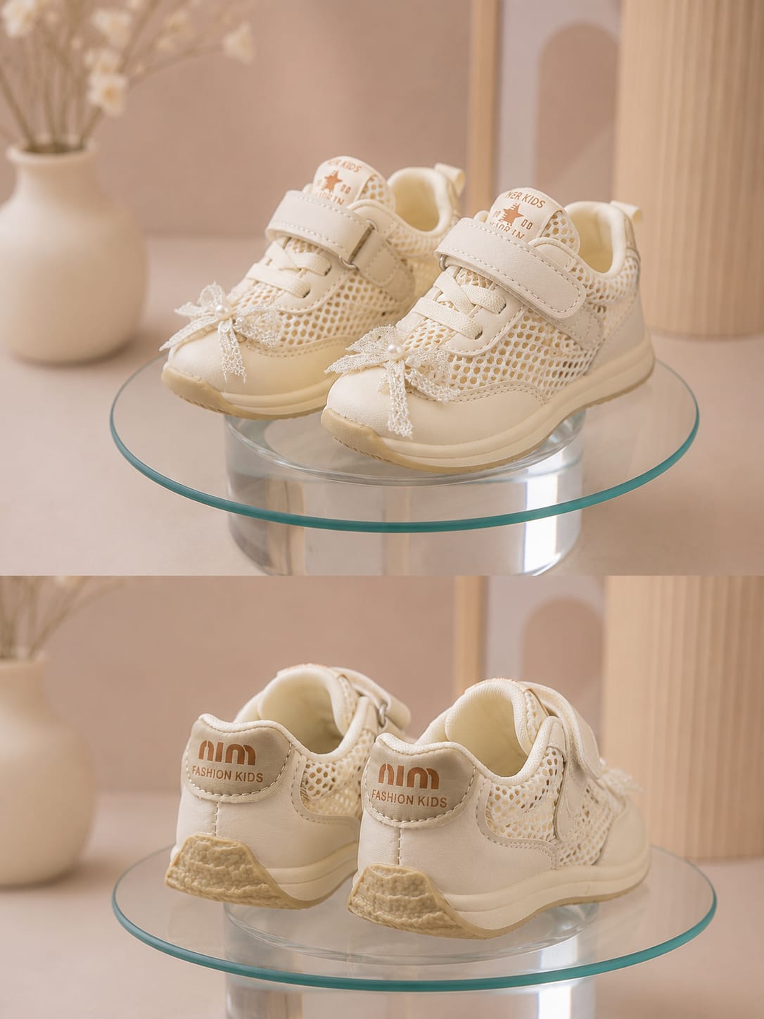 Baby Girls Pearl Bow Casual Shoes | Soft Mesh Velcro Sneakers (EU 17–21)