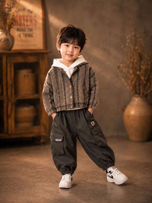 Kids Premium 3 Pcs Casual Cargo Cord Set for Boys | Hoodie, Printed Shirt & Cargo Jogger | Grey | Size 18–26