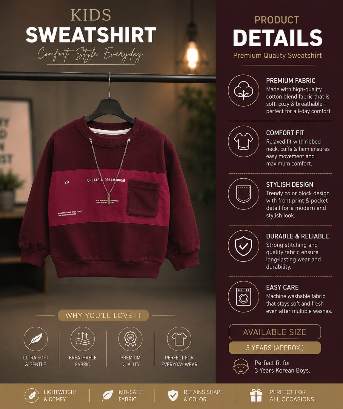 Kids Maroon Graphic Print Full Sleeve Sweatshirt | Premium Casual Wear for Boys | Size 18–26
