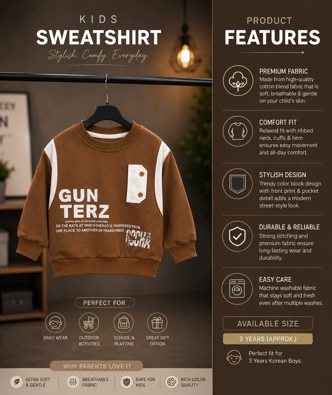 Kids Brown Graphic Print Full Sleeve Sweatshirt | Premium Casual Wear for Boys | Size 18–26