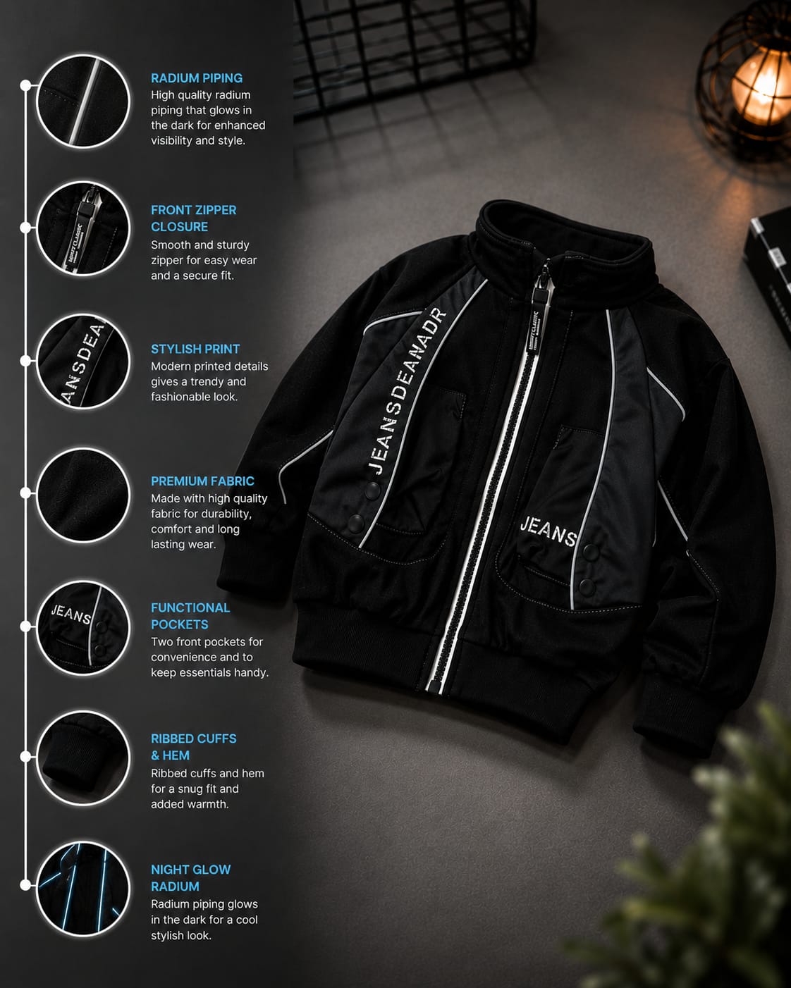 Kids Black Zip-Up Bomber Jacket | Premium Casual Jacket for Boys | Full Sleeve | Size 18–26