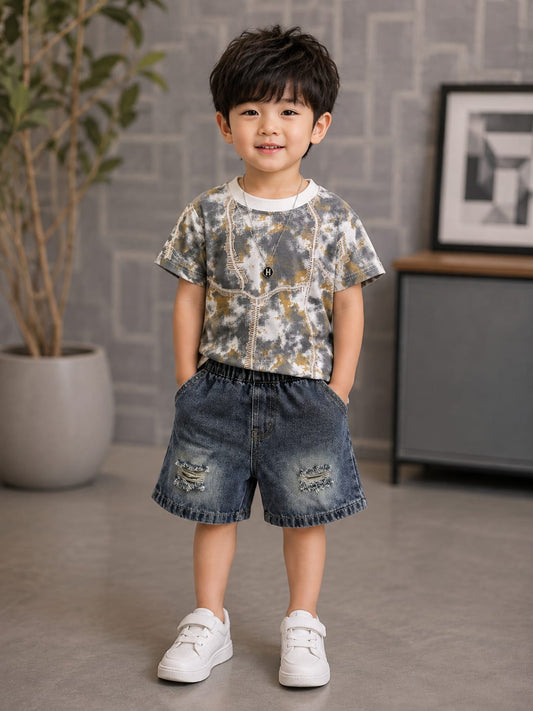 Kids 2 Pcs Printed T-Shirt & Denim Shorts Summer Cord Set | Premium Casual Outfit | Size 18–26