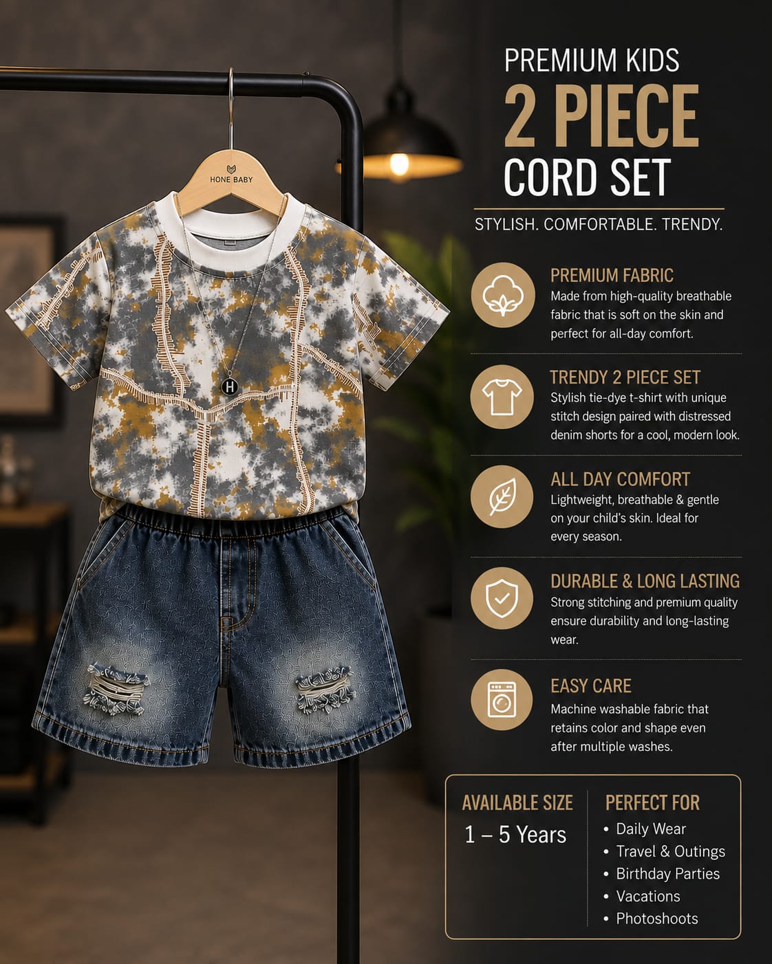Kids 2 Pcs Printed T-Shirt & Denim Shorts Summer Cord Set | Premium Casual Outfit | Size 18–26