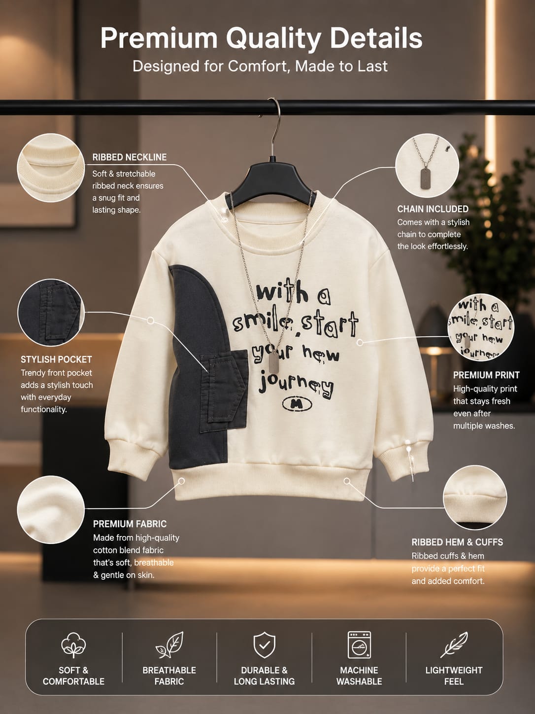 Kids Premium Printed Full Sleeve Sweatshirt | Casual All Season Wear for Boys | Cream | Size 18–26