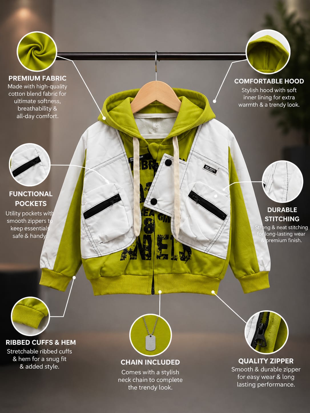 Kids Premium Hooded Utility Jacket | Stylish Casual Zip-Up Jacket for Boys | Green & White | Size 18–26