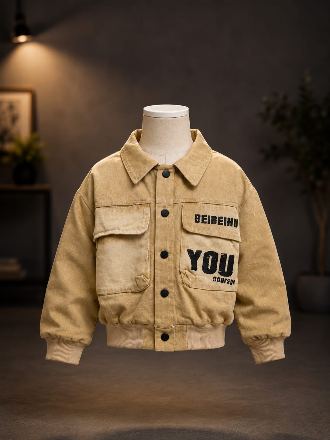 Kids Premium Casual Bomber Jacket | Stylish Button-Up Jacket for Boys | Beige | Size 18–26