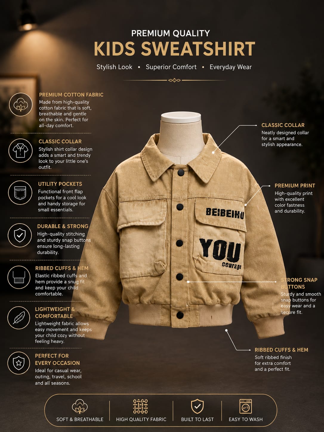 Kids Premium Casual Bomber Jacket | Stylish Button-Up Jacket for Boys | Beige | Size 18–26