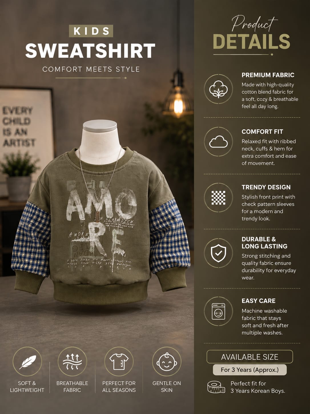 Kids Olive Green Graphic Print Full Sleeve Sweatshirt | Premium Casual Wear for Boys | Size 18–26: