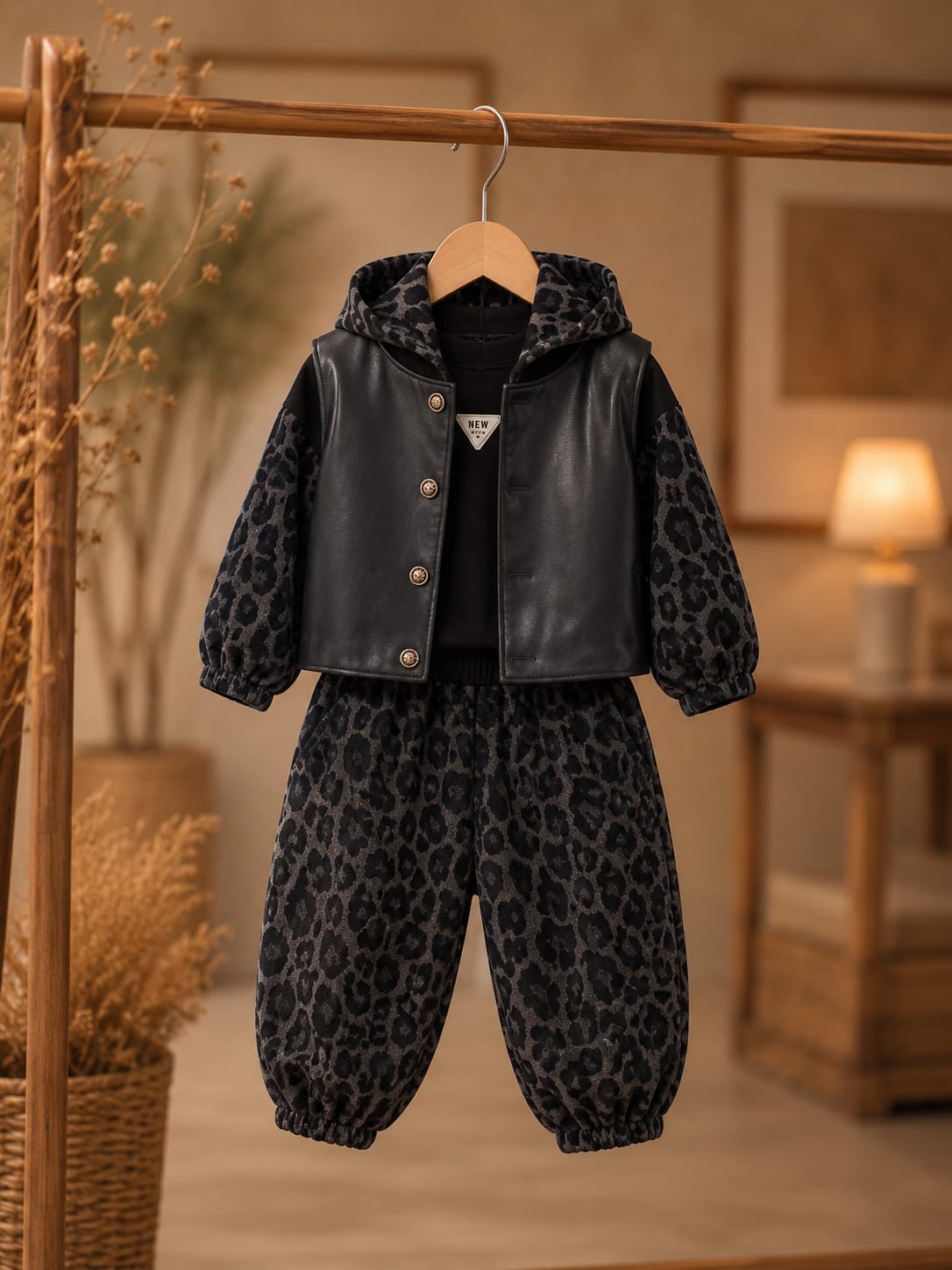 Kids 3 Pcs Leopard Print Cord Set with Faux Leather Jacket | Premium Casual Outfit | Size 18–26